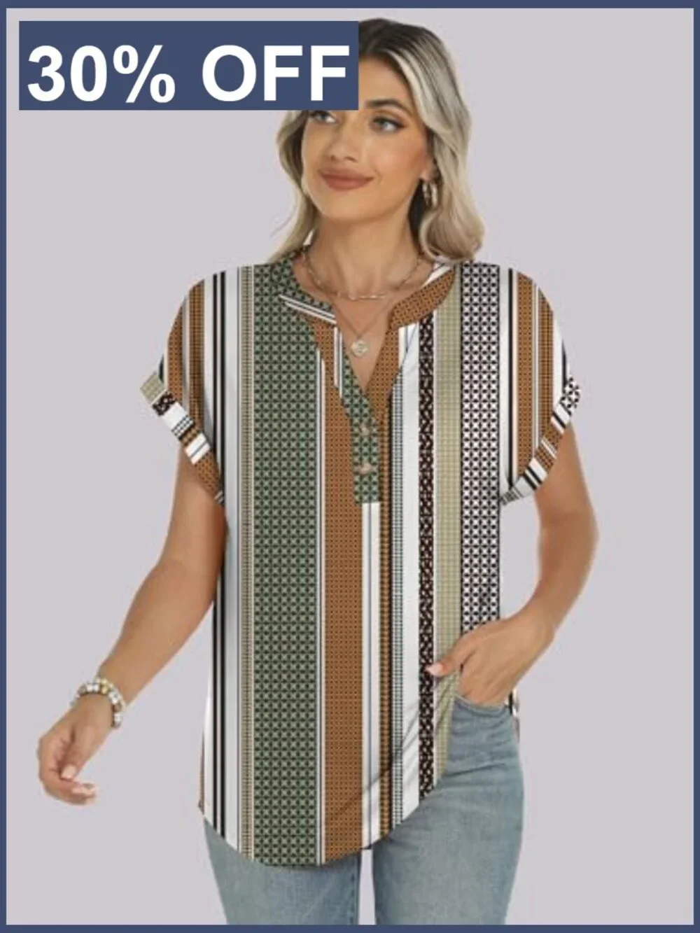 Short Sleeve Henley Tee V Neck Blouse Casual Loose Fit Summer Top - Picture 6 of 7